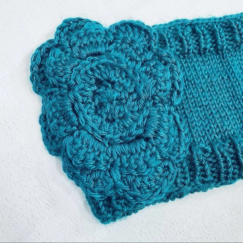 Winter Knit Headband Teal Camellia Flower